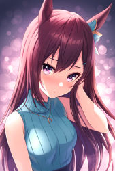 Rule 34 | 1girl, animal ears, bare arms, bare shoulders, blue bow, blue sweater, blush, bow, breasts, brown hair, commentary request, ear bow, hair between eyes, hair ornament, hairclip, highres, horse ears, horse girl, jewelry, long hair, looking at viewer, medium breasts, mejiro dober (umamusume), necklace, open mouth, purple eyes, ribbed sweater, sleeveless, sleeveless turtleneck, solo, sparkle, sweater, tomo (tmtm mf mf), turtleneck, turtleneck sweater, umamusume, upper body, very long hair