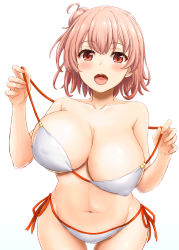 Rule 34 | 1girl, :d, absurdres, bare shoulders, bikini, blush, breast lift, breasts, collarbone, commentary request, covered erect nipples, cowboy shot, hair bun, highres, huge breasts, inanaki shiki, looking at viewer, navel, open mouth, orange eyes, orange hair, pulling own clothes, red ribbon, ribbon, short hair, side-tie bikini bottom, simple background, single hair bun, smile, solo, standing, stomach, strap pull, swimsuit, tareme, teeth, unaligned breasts, upper teeth only, white background, white bikini, yahari ore no seishun lovecome wa machigatteiru., yuigahama yui