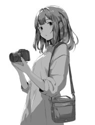 Rule 34 | 1girl, absurdres, bag, camera, from side, greyscale, hands up, highres, holding, holding camera, looking at viewer, looking to the side, monochrome, original, shimkarom, shoulder bag, sketch, sleeves pushed up, solo, upper body, white background