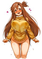 Rule 34 | 10s, 1girl, asuna (sao), blush, bottomless, breast milk, breasts, brown eyes, brown hair, cowboy shot, dripping, female pubic hair, hair between eyes, heart, lactation, lactation through clothes, large breasts, long hair, long sleeves, looking at viewer, naked sweater, one side up, open mouth, perky breasts, pubic hair, pussy juice, sachito, smile, solo, suggestive fluid, sweater, sword art online, thick thighs, thighs, turtleneck, very long hair, wer clothes