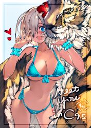 Rule 34 | 1girl, aqua background, aqua bikini, bikini, blue background, blue bikini, blue eyes, breasts, cleavage, comiket 95, commentary request, double v, flower, front-tie top, granblue fantasy (style), hair flower, hair ornament, hair over one eye, hairclip, hamakaze (kancolle), hibiscus, highres, kantai collection, large breasts, leaning forward, looking at viewer, navel, one eye closed, open mouth, parody, sakura rock, scrunchie, short hair, side-tie bikini bottom, smile, solo, style parody, swimsuit, tiger, v, white hair, wrist scrunchie