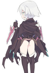 Rule 34 | 1girl, :o, ass, bandaged hand, bandages, black cloak, black gloves, black panties, black thighhighs, blade (galaxist), blush, cloak, dagger, dual wielding, fate/apocrypha, fate/grand order, fate (series), fingerless gloves, gloves, green eyes, hair between eyes, holding, holding dagger, holding knife, holding weapon, jack the ripper (fate/apocrypha), knife, looking away, looking to the side, panties, parted lips, profile, sheath, sheathed, short hair, silver hair, simple background, single glove, solo, standing, thighhighs, underwear, wardrobe error, weapon, white background