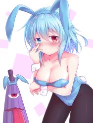 Rule 34 | 1girl, alternate costume, animal ears, bare shoulders, black pantyhose, blue eyes, blue hair, blue headband, blue leotard, blush, breasts, cleavage, closed mouth, collarbone, commentary request, cross-laced clothes, embarrassed, fake animal ears, frown, hair between eyes, hairband, headband, heterochromia, highres, karakasa obake, large breasts, leotard, looking at viewer, pantyhose, patterned background, playboy bunny, rabbit ears, rabbit tail, red eyes, saisyuusensi, short hair, solo, standing, tail, tareme, tatara kogasa, tongue, touhou, umbrella, white background, wrist cuffs