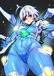 Rule 34 | 1girl, ahoge, ashiomi masato, blazblue, blush, bodysuit, braid, brown eyes, covered navel, crotch, crotch plate, detached wings, eyepatch, from below, gloves, glowing, hair between eyes, long hair, looking at viewer, looking down, mechanical wings, neon trim, nu-13, outstretched arms, parted lips, red eyes, signature, single braid, solo, spread arms, thighs, very long hair, white hair, wings