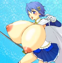 Rule 34 | 10s, 1girl, blue eyes, blue hair, blush, breast expansion, breasts, breasts out, dress, female focus, gigantic breasts, mahou shoujo madoka magica, mahou shoujo madoka magica (anime), matching hair/eyes, miki sayaka, misochige, nipples, one eye closed, open mouth, shaft (company), short hair, solo, standing, sword, tongue, tongue out, weapon, wink