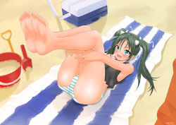 Rule 34 | 1girl, 2014, :d, absurdres, aqua eyes, artist name, ass, bad id, bad pixiv id, barefoot, beach towel, black hair, bucket, cooler, dated, fang, feet, feet together, female focus, francesca lucchini, hair ribbon, highres, legs, legs up, long hair, looking at viewer, lying, no pants, open mouth, panties, ribbon, sand, smile, soles, solo, stormcow, strike witches, striped clothes, striped panties, toes, towel, trowel, twintails, underwear, world witches series