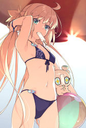 Rule 34 | 1girl, ahoge, aqua eyes, artoria caster (fate), artoria pendragon (fate), ball, beachball, bikini, blonde hair, breasts, cowboy shot, fate/grand order, fate (series), food, food in mouth, gluteal fold, highres, holding, holding food, ice cream, inflatable toy, con (fate), long hair, looking at viewer, melting, popsicle, saipaco, small breasts, solo, swimsuit