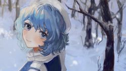Rule 34 | 1girl, b nosk101, bare tree, blue eyes, blue hair, blush, closed mouth, day, hair between eyes, hat, head tilt, highres, letty whiterock, looking at viewer, outdoors, short hair, smile, snow, snowflakes, snowing, solo, touhou, tree, winter