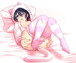 Rule 34 | 1boy, anal, anal object insertion, anal tail, animal ears, ass, bed, black hair, blush, bottomless, brown eyes, butt plug, cat ears, cat tail, fake animal ears, fake tail, feet, htkku, male focus, male penetrated, nipples, object insertion, sengoku musou, sex toy, shiny skin, short hair, soles, solo, striped clothes, striped thighhighs, tail, takenaka hanbei, thighhighs, trap