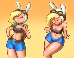 Rule 34 | 1girl, absurdres, adventure time, adventure time: fionna and cake, backpack, bag, bandeau, belt, black bandeau, blonde hair, blue shorts, breasts, brown belt, cleavage, commentary, crossed legs, fionna campbell, goggles, goggles on head, highres, kirtome, mask, medium breasts, orange background, short shorts, shorts, solid oval eyes, solo, whistling