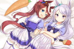 Rule 34 | 2girls, :d, animal ears, bad id, bad pixiv id, blue eyes, blush, bow, brown hair, closed mouth, commentary, crossed arms, hair between eyes, horse ears, horse girl, horse tail, j young, long hair, lying, mejiro mcqueen (umamusume), multiple girls, on back, on stomach, open mouth, pleated skirt, puffy short sleeves, puffy sleeves, purple bow, purple eyes, purple shirt, romaji commentary, sailor collar, school uniform, serafuku, shirt, short sleeves, silver hair, skirt, smile, stuffed carrot, swept bangs, tail, thighhighs, tokai teio (umamusume), umamusume, very long hair, white sailor collar, white skirt, white thighhighs