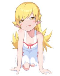 Rule 34 | 1girl, :p, all fours, bakemonogatari, blonde hair, blush stickers, breasts, bubukka, cleavage, closed mouth, collarbone, dress, female focus, full body, long hair, looking at viewer, monogatari (series), naughty face, oshino shinobu, pointy ears, simple background, small breasts, solo, tongue, tongue out, white background, white dress, yellow eyes