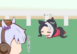 Rule 34 | 2girls, animal ears, black hair, blush stickers, bow, brown headwear, chibi, closed eyes, ear bow, ear covers, faceless, faceless female, forehead, gold ship (umamusume), gomashio (goma feet), grey hair, hat, horse ears, horse girl, horse tail, jacket, lying, mejiro ramonu (umamusume), mini hat, multicolored hair, multiple girls, on grass, on stomach, pants, parted bangs, purple bow, red jacket, red pants, tail, track jacket, track pants, track suit, translation request, two-tone hair, umamusume