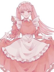 Rule 34 | 1girl, alternate costume, apron, breasts, commentary request, enmaided, female focus, fire emblem, fire emblem: three houses, highres, hilda valentine goneril, large breasts, long hair, long sleeves, looking at viewer, maid, maid apron, maid headdress, matching hair/eyes, nintendo, open mouth, pink eyes, pink hair, ririco (gnsn), simple background, solo, tongue, twintails, white background