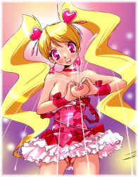 Rule 34 | 00s, 1girl, :d, blonde hair, breasts squeezed together, breasts, cameltoe, cure peach, earrings, fresh precure!, heart, heart-shaped boob challenge, heart hands, jewelry, lactation, magical girl, medium breasts, milk, momozono love, nipples, open mouth, pink eyes, precure, skirt, smile, solo, teruchan