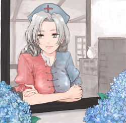 Rule 34 | 1girl, arm support, aturou0129, cabinet, crossed arms, female focus, flower, grey eyes, grey hair, hat, hydrangea, lips, nurse cap, pitcher (container), solo, touhou, yagokoro eirin