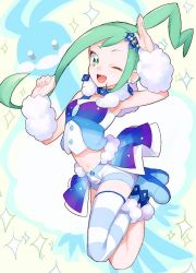 Rule 34 | 1girl, :d, altaria, arm up, arm warmers, blue footwear, boots, buttons, commentary request, creatures (company), game freak, gen 3 pokemon, green eyes, green hair, hand up, kurochiroko, legs up, lisia (pokemon), navel, nintendo, one eye closed, open mouth, pokemon, pokemon oras, shorts, shorts under skirt, showgirl skirt, single thighhigh, smile, solo, sparkle, striped clothes, striped thighhighs, teeth, thighhighs, tongue, upper teeth only