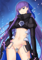 Rule 34 | 10s, 1girl, blue eyes, crotch plate, fate/extra, fate/extra ccc, fate (series), groin, hand on own hip, long hair, looking at viewer, meltryllis (fate), navel, petals, purple hair, revealing clothes, smile, solo, terry (pixiv3274443), very long hair