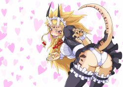 Rule 34 | 1girl, apron, ass, blonde hair, braid, breasts, butt crack, colored skin, fangs, frills, highres, horns, large breasts, long hair, maid, maid apron, maid headdress, monster girl, multicolored skin, one-punch man, orange skin, pointy ears, raptora, shiny skin, side braids, skirt, slit pupils, solo, spiked hair, thighhighs, thighs, twin braids, underwear