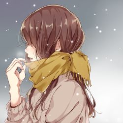 Rule 34 | 1girl, adjusting scarf, blush, breath, brown sweater, enpera, from side, gradient background, grey background, hair over eyes, lips, long hair, long sleeves, nose blush, open mouth, original, profile, scarf, snowing, solo, sweater, upper body, winter, yamasuta, yellow scarf