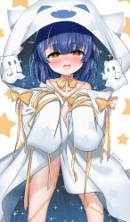 Rule 34 | 1girl, bare shoulders, blue hair, blush, bound, breasts, brown eyes, half-closed eyes, highres, hood, hood up, looking at viewer, multicolored hair, no panties, open clothes, open mouth, rereno reno, ribbon, small breasts, smile, solo, standing, tagme, thighs, virtual youtuber, white background, ya chuifeng lai
