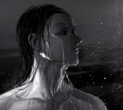 Rule 34 | 1boy, absurdres, eyelashes, greyscale, highres, hunter x hunter, illumi zoldyck, kuhuo, lips, lock, long hair, looking away, looking to the side, male focus, monochrome, motion blur, nude, solo, water, wet, wet hair