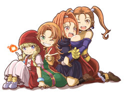 Rule 34 | 4girls, ;d, barbara (dq6), bare shoulders, belt, black dress, blonde hair, blue eyes, braid, breasts, brown footwear, brown hair, collarbone, dragon quest, dragon quest vi, dragon quest vii, dragon quest viii, dragon quest xi, dress, earrings, female focus, gloves, green eyes, grin, highres, jessica albert, jewelry, large breasts, layered dress, long hair, looking at viewer, magic, maribel (dq7), multicolored eyes, multiple girls, one eye closed, open mouth, orange eyes, orange hair, ponytail, purple eyes, purple shirt, red dress, red eyes, red skirt, sharp teeth, shirt, shoes, sitting, skirt, smile, teeth, twin braids, twintails, v, veronica (dq11), white background, white dress, yellow gloves, zatou (kirsakizato)