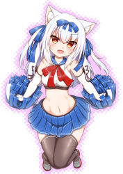 Rule 34 | 1girl, :d, animal ear fluff, animal ears, arm ribbon, azur lane, bare shoulders, black ribbon, black thighhighs, blue ribbon, blue sailor collar, blue skirt, blush, breasts, cat ears, cheerleader, commentary request, crop top, elbow gloves, fang, full body, gloves, groin, hair between eyes, hair ribbon, head tilt, hestia (neko itachi), holding, holding pom poms, loafers, long hair, looking at viewer, midriff, navel, neck ribbon, open mouth, outline, pleated skirt, pom pom (cheerleading), pom poms, red eyes, red ribbon, ribbon, sailor collar, shirt, shoes, sidelocks, silver hair, simple background, skirt, sleeveless, sleeveless shirt, small breasts, smile, solo, standing, taut clothes, taut shirt, thighhighs, two side up, white background, white gloves, white shirt, yukikaze (azur lane), zettai ryouiki