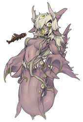 Rule 34 | 1girl, 1other, bone biter, breasts, claws, colored skin, drooling, extra eyes, fins, green eyes, hair between eyes, hair over one eye, highres, horns, loincloth, looking at viewer, medium breasts, midriff, monster girl, navel, nyong nyong, personification, pink skin, pointy ears, rags, saliva, shark girl, sharp teeth, teeth, tentacles, terraria
