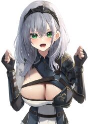 Rule 34 | 1girl, :d, absurdres, amane sora, armor, breasts, cleavage, green eyes, grey hair, hair between eyes, highres, hololive, large breasts, looking at viewer, mole, mole on breast, open mouth, shirogane noel, shirogane noel (1st costume), short hair, simple background, smile, solo, virtual youtuber, white background