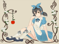 Rule 34 | 1girl, alice (alice in wonderland), alice (alice in wonderland) (cosplay), alice in wonderland, apple, arm support, black hair, bow, cosplay, dress, finger to cheek, flower, food, frills, fruit, fuyube gin (huyube), hair bow, plant, puffy sleeves, ribbon, shoes, short sleeves, short twintails, sitting, socks, solo, twintails, vines, white socks, yellow eyes