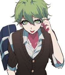 Rule 34 | 1boy, amami rantaro, arm up, bag, bare arms, blue bag, brown vest, collarbone, commentary request, d4ng4nn6bu12, danganronpa (series), eyelashes, green hair, long eyelashes, looking at viewer, male focus, danganronpa v3: killing harmony, playing with own hair, shirt, short hair, short sleeves, simple background, solo, tongue, tongue out, upper body, vest, white background, white shirt