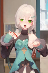 Rule 34 | 1girl, absurdres, areola slip, blush, breasts, brown hair, c1718259, clothing cutout, covering nipples, covering one nipple, covering privates, dress, green dress, green eyes, hair ornament, hairclip, hands up, highres, honkai: star rail, honkai (series), layered sleeves, long hair, long sleeves, looking at viewer, low twintails, one breast out, open mouth, outdoors, photo (object), qingque (honkai: star rail), shoulder cutout, small breasts, tongue, tongue out, twintails, upper body