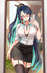 Rule 34 | 1girl, aqua hair, aqua nails, black bra, black hair, black thighhighs, bra, breasts, cellphone, closed mouth, cloud retainer (genshin impact), collared shirt, commentary, foxyreine, garter straps, genshin impact, glasses, highres, holding, holding phone, large breasts, long hair, looking at viewer, multicolored hair, nail polish, phone, red-framed eyewear, selfie, semi-rimless eyewear, shirt, smile, solo, thighhighs, two-tone hair, under-rim eyewear, underwear, very long hair, white shirt, xianyun (genshin impact)