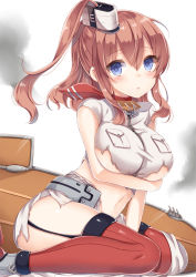 Rule 34 | 10s, 1girl, arms up, ascot, bad id, bad pixiv id, blue eyes, breast pocket, brown hair, dress, flight deck, garter straps, hair between eyes, kantai collection, long hair, looking at viewer, neckerchief, pocket, ponytail, red ascot, red neckerchief, red thighhighs, saratoga (kancolle), side ponytail, sitting, solo, thighhighs, torn clothes, wariza, white dress, yuzu-aki