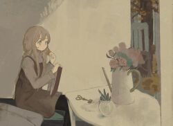 Rule 34 | 1girl, black pantyhose, brown dress, brown hair, chisato charme, closed mouth, dress, expressionless, feet out of frame, flower, flower pot, from side, grey eyes, grey shirt, highres, holding, holding leaf, holding sketchbook, indoors, leaf, long hair, long sleeves, looking ahead, open door, original, pantyhose, pinafore dress, pink flower, pink rose, plant, potted plant, rose, scissors, shirt, sidelocks, sitting, sketchbook, sleeveless, sleeveless dress, solo, table, teapot, tree