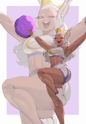 Rule 34 | 1girl, :d, abs, alternate costume, alternate hairstyle, animal ears, armpits, arms up, bare shoulders, blush, boku no hero academia, border, bow, breasts, cheerleader, clothing cutout, commentary, crescent print, crop top, dark-skinned female, dark skin, english commentary, hair bow, highres, holding, holding pom poms, knee up, large breasts, long eyelashes, long hair, looking at viewer, mirko, navel, one eye closed, open mouth, pom pom (cheerleading), pom poms, purple background, purple trim, rabbit ears, rabbit girl, rabbit tail, red eyes, shirt, skirt, sleeveless, sleeveless shirt, smile, solo, standing, standing on one leg, stomach, tail, tail through clothes, teeth, thick thighs, thighs, toned, upper teeth only, white border, white footwear, white hair, white shirt, white skirt, yellow bow, zoom layer, zukululuu