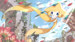 Rule 34 | blue eyes, blurry, budouwain, closed mouth, cloud, commentary request, creatures (company), day, flower, from below, game freak, gen 3 pokemon, jirachi, legendary pokemon, light rays, mythical pokemon, nintendo, no humans, outdoors, petals, plant, pokemon, pokemon (creature), ruins, sky, smile, vines