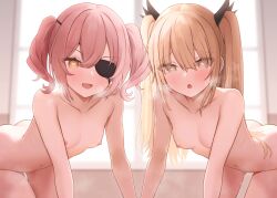 Rule 34 | 2girls, all fours, ass, blonde hair, blush, breasts, eyepatch, female focus, hair ribbon, heart, heart-shaped pupils, highres, looking at viewer, multiple girls, naughty face, nipples, nude, pink hair, pussy juice, ribbon, small breasts, smile, spy kyoushitsu, symbol-shaped pupils, twintails
