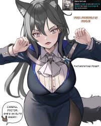Rule 34 | 1girl, :d, absurdres, animal ears, arknights, black dress, black hair, black pantyhose, breasts, commentary, dress, fangs, gertrude strollo (arknights), grey eyes, hair between eyes, highres, large breasts, long hair, long sleeves, looking at viewer, myown, open mouth, pantyhose, pencil dress, simple background, smile, tail, very long hair, white background, wolf ears, wolf tail