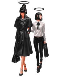 Rule 34 | 2girls, absurdres, arm grab, bag, black coat, black footwear, black hair, black halo, black pants, black ribbon, boots, briefcase, closed eyes, coat, collared shirt, commentary, dark halo, earrings, english commentary, guweiz, hair ornament, hairclip, halo, hand in pocket, highres, holding, holding bag, jewelry, layered sleeves, long sleeves, looking away, looking to the side, multiple girls, neck ribbon, original, pants, ponytail, ribbon, shirt, shoes, short hair, short over long sleeves, short sleeves, simple background, stud earrings, white background, white shirt, wide sleeves