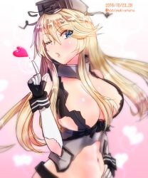 Rule 34 | 10s, 1girl, 2016, blonde hair, blue eyes, blush, breasts, cleavage, dated, elbow gloves, front-tie top, gloves, hair between eyes, hand on own hip, headgear, heart, hoshiyuki aruru, iowa (kancolle), kantai collection, large breasts, lips, long hair, looking at viewer, navel, one eye closed, sketch, solo, torn clothes, torn gloves, twitter username, upper body