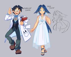 Rule 34 | 1boy, 1girl, black eyes, black hair, blue eyes, blue hair, book, boots, character name, coat, commentary, constellor, english commentary, glasses, highres, holding, holding book, holding paper, husband and wife, jewelry, lab coat, long hair, necklace, odele starlor, original, paper, ponytail, sandals, semi-rimless eyewear, sweatdrop, sweater, turtleneck, turtleneck sweater, under-rim eyewear, white coat