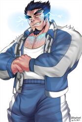 Rule 34 | absurdres, bara, bulge, chain necklace, chest hair, danganronpa (series), dhanisani, electricity, facial hair, goatee, hair horns, highres, jewelry, large pectorals, muscular, muscular male, necklace, nidai nekomaru, pectorals, sideburns, thick eyebrows, track suit