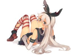 Rule 34 | 10s, 1girl, alternate hair color, blue eyes, dirty, elbow gloves, from behind, gloves, hairband, kantai collection, long hair, looking at viewer, lying, microskirt, on back, rom (romshiro), romshiro, school uniform, serafuku, shimakaze (kancolle), silver hair, simple background, skirt, solo, striped clothes, striped thighhighs, thighhighs, torn clothes, torn thighhighs, white background, white gloves