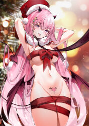 Rule 34 | 1girl, absurdres, armpits, arms behind head, blush, bow, candy cane earrings, cowboy shot, demon horns, demon tail, demon wings, duplicate, earrings, fur collar, hair between eyes, hat, highres, horns, jewelry, leash, long hair, low wings, naked ribbon, navel, open mouth, original, piercing, pink hair, pointy ears, pubic tattoo, purple eyes, red bow, red ribbon, ribbon, santa hat, solo, standing, stomach, tail, tattoo, tongue piercing, very long hair, viewer holding leash, wings, yukineko1018