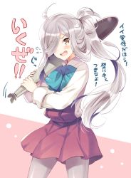 Rule 34 | 10s, 1girl, ahoge, asashimo (kancolle), blush, bow, bowtie, fang, grey eyes, hair over one eye, kantai collection, komi zumiko, long hair, multicolored hair, open mouth, pantyhose, ponytail, purple hair, school uniform, silver hair, simple background, skirt, solo, torpedo, translation request, two-tone hair