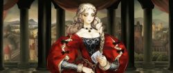 Rule 34 | 1girl, animated, animated gif, blonde hair, book, braid, breasts, cleavage, crying, dragon&#039;s crown, dress, female focus, green eyes, indoors, jewelry, large breasts, long hair, looking at viewer, necklace, pillar, princess, princess vivian, puffy sleeves, solo, tears, town, vanillaware