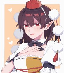 Rule 34 | 1girl, :d, black bow, black bowtie, blush, border, bow, bowtie, breasts, brown hair, cleavage, collared shirt, commentary request, detached collar, frilled skirt, frilled sleeves, frills, hat, heart, highres, looking at viewer, medium hair, open mouth, orange background, pointy ears, pom pom (clothes), puffy short sleeves, puffy sleeves, red eyes, red hat, ribbon-trimmed skirt, ribbon trim, sakic43899, shameimaru aya, shirt, short sleeves, skirt, small breasts, smile, solo, tassel, tokin hat, touhou, upper body, white border, white shirt