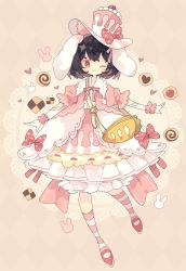 Rule 34 | 1girl, :3, adapted costume, animal ears, bag, black hair, bloomers, blush, checkerboard cookie, closed mouth, cookie, dress, food, frilled dress, frilled sleeves, frills, full body, highres, inaba tewi, kneehighs, nikorashi-ka, one eye closed, pink dress, pink footwear, puffy short sleeves, puffy sleeves, rabbit ears, red eyes, shoes, short hair, short sleeves, shoulder bag, smile, snack, socks, solo, striped clothes, striped socks, touhou, underwear, white bloomers